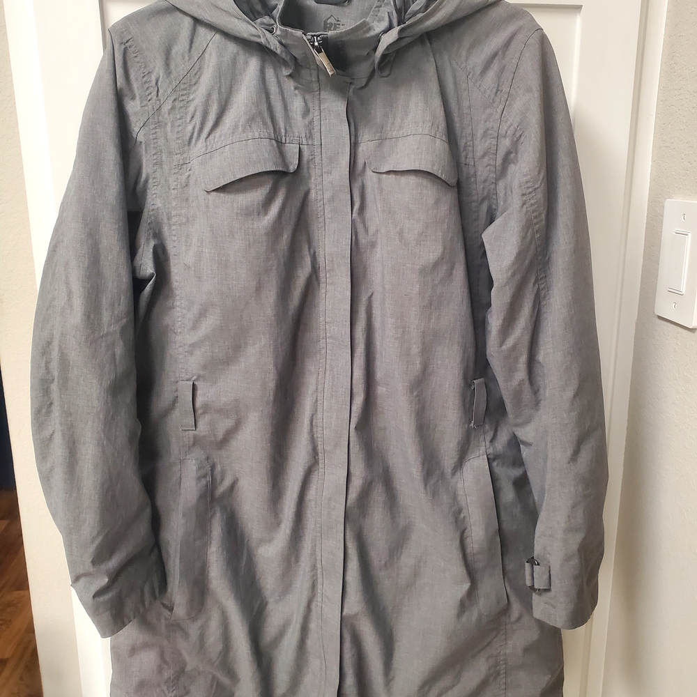 REI Gray Trench Coat Weather-Resistant Hooded Design